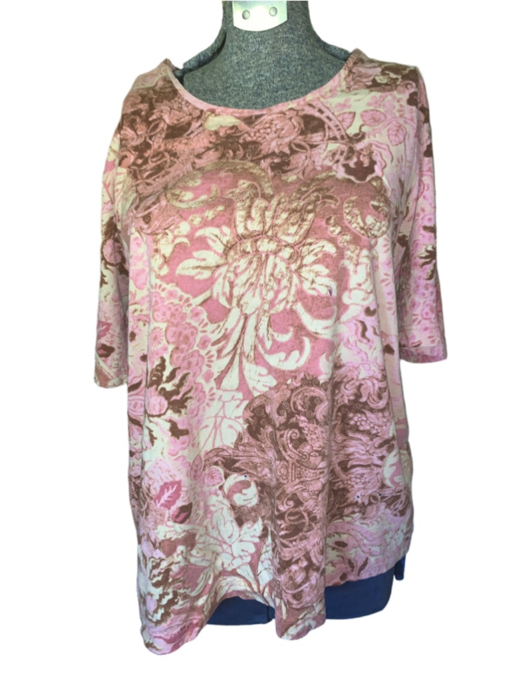 Women's M&S Mode Short Sleeve Tee Pink Brown Floral Print Size XL
